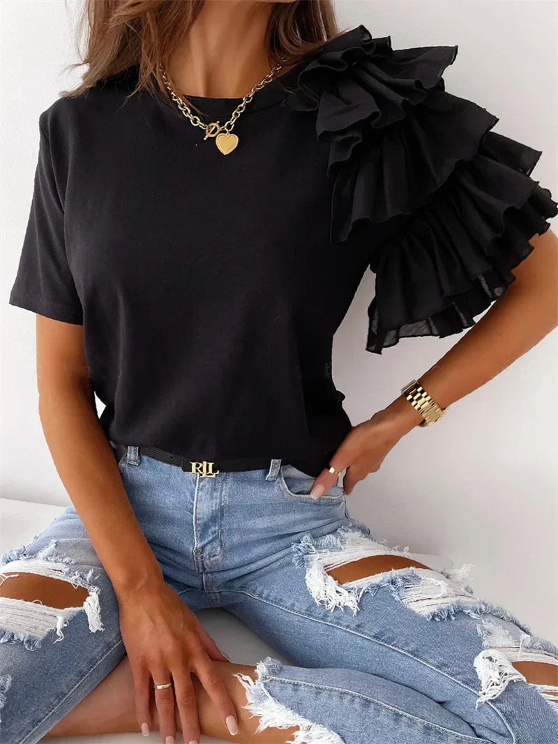 MODEGEIST Damen Top Rüschenärmel Asymmetrisch Statement