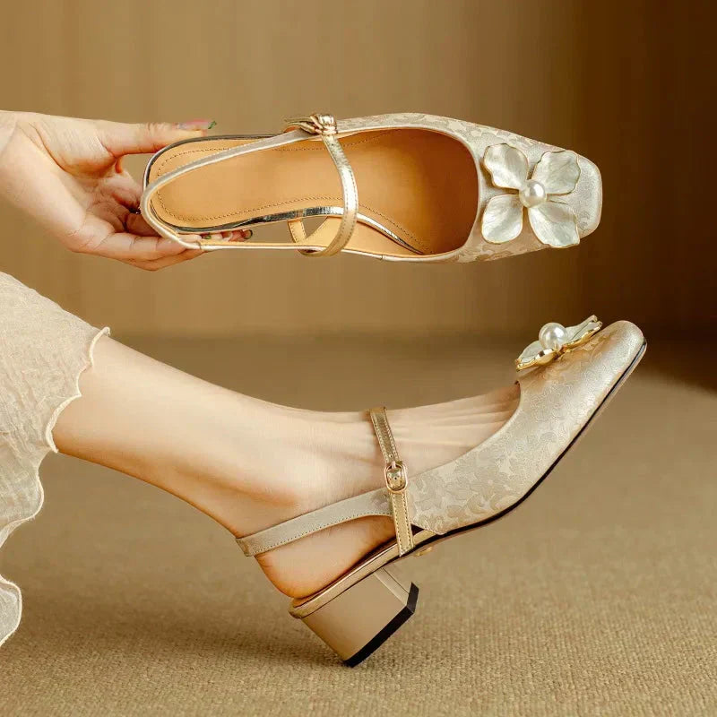 MODEGEIST Damen Pumps Blumenmuster Blockabsatz Jacquard