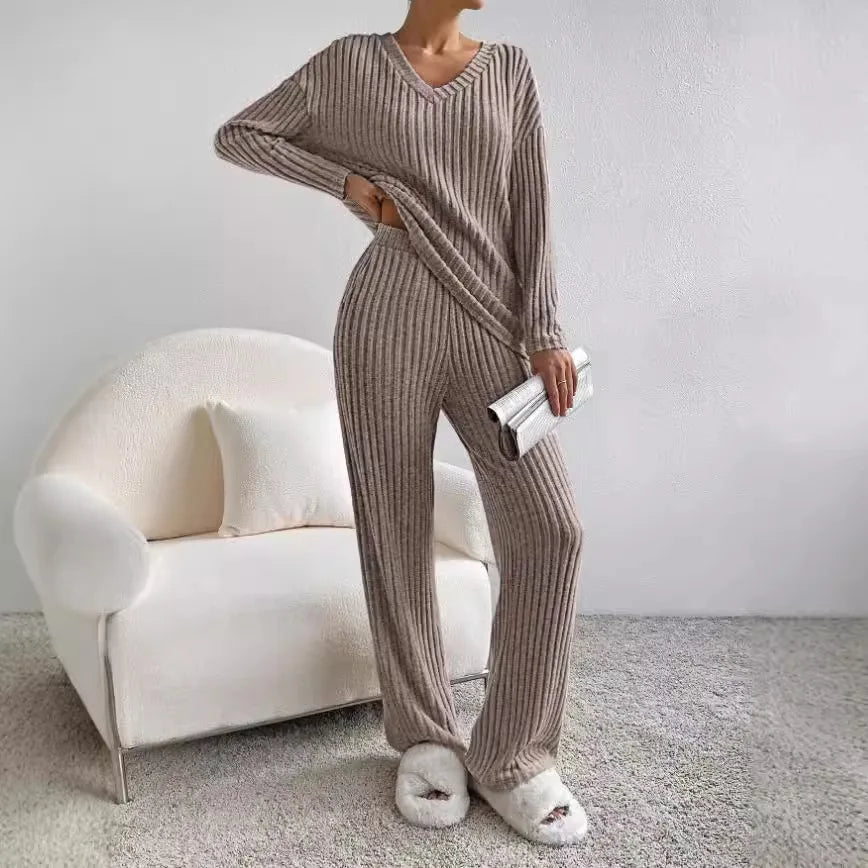 MODEGEIST Damen Strick Zweiteiler Set Entspannt Beige Loungewear