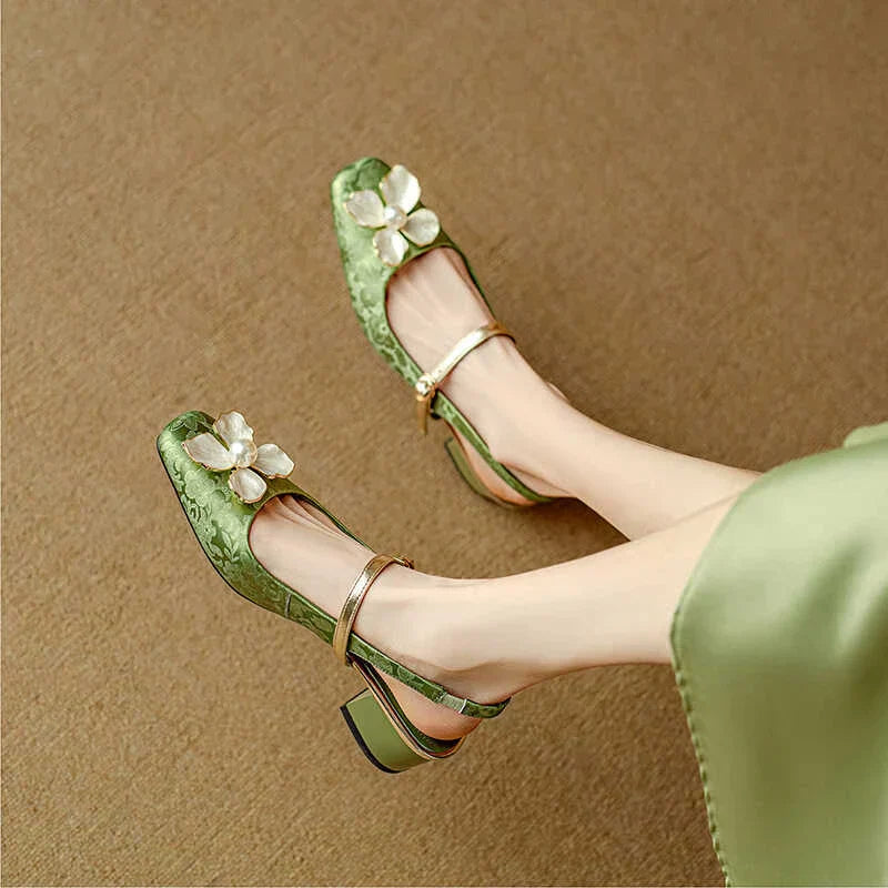 MODEGEIST Damen Pumps Blumenmuster Blockabsatz Jacquard