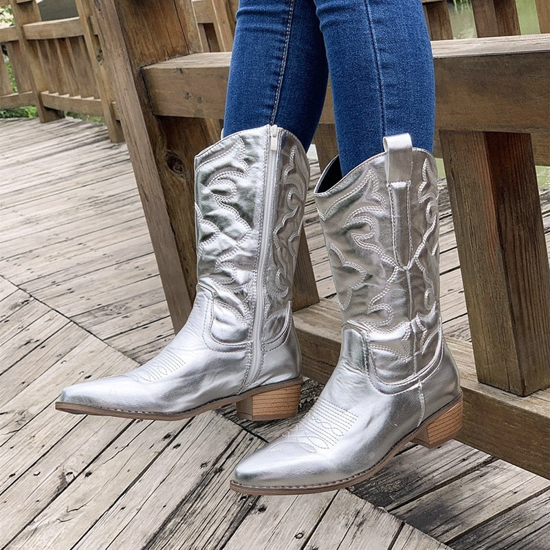 ModeGeist | Retro-Western-Cowboystiefel mit Seitlichem Reißverschluss Mittlerem Schaft Fluoreszierende Spitze Zehen