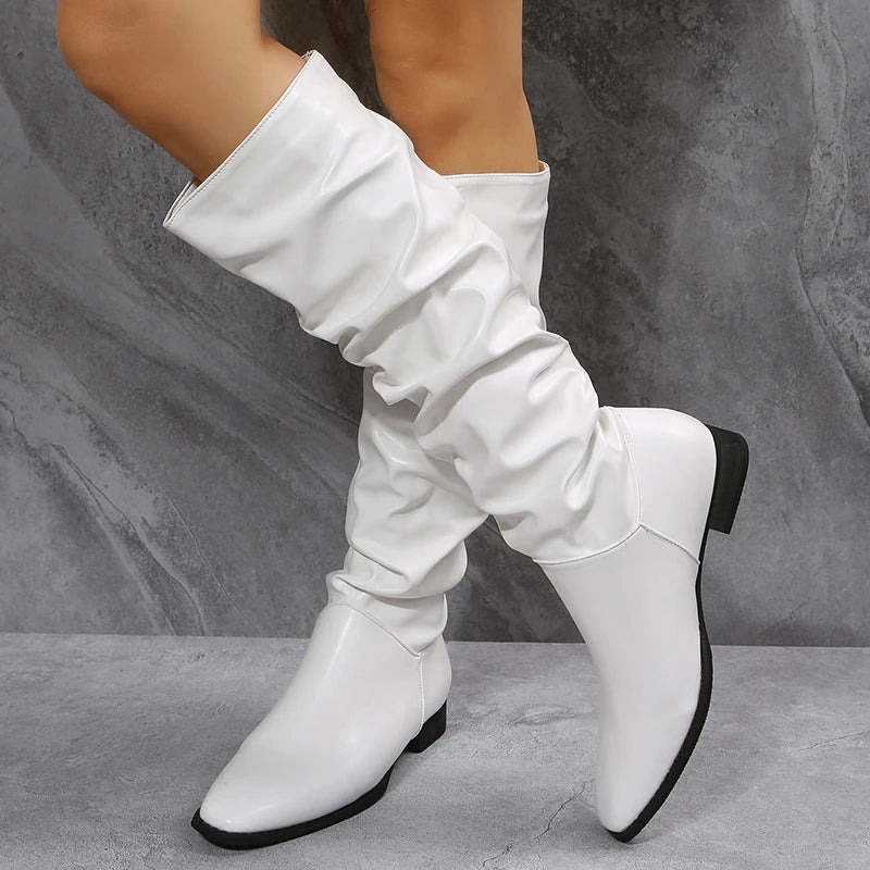 ModeGeist | Knielange Punk-Stil Falten Pu-Leder Stiefel