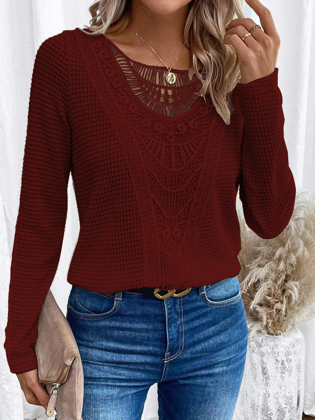 MODEGEIST Damen Strickpullover Langarm Klassisch Zeitlos Beige