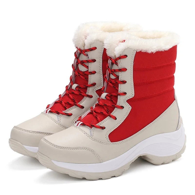 ModeGeist | Schneestiefel – Mitten-Wade – Kunstfell Gefüttert – Schnürsenkel – Plattformsohle – Wasserabweisend