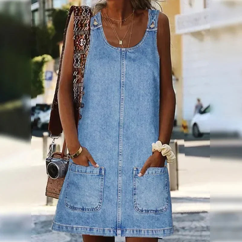 MODEGEIST Damen Sommerkleid Ärmellos Jeans Taschen