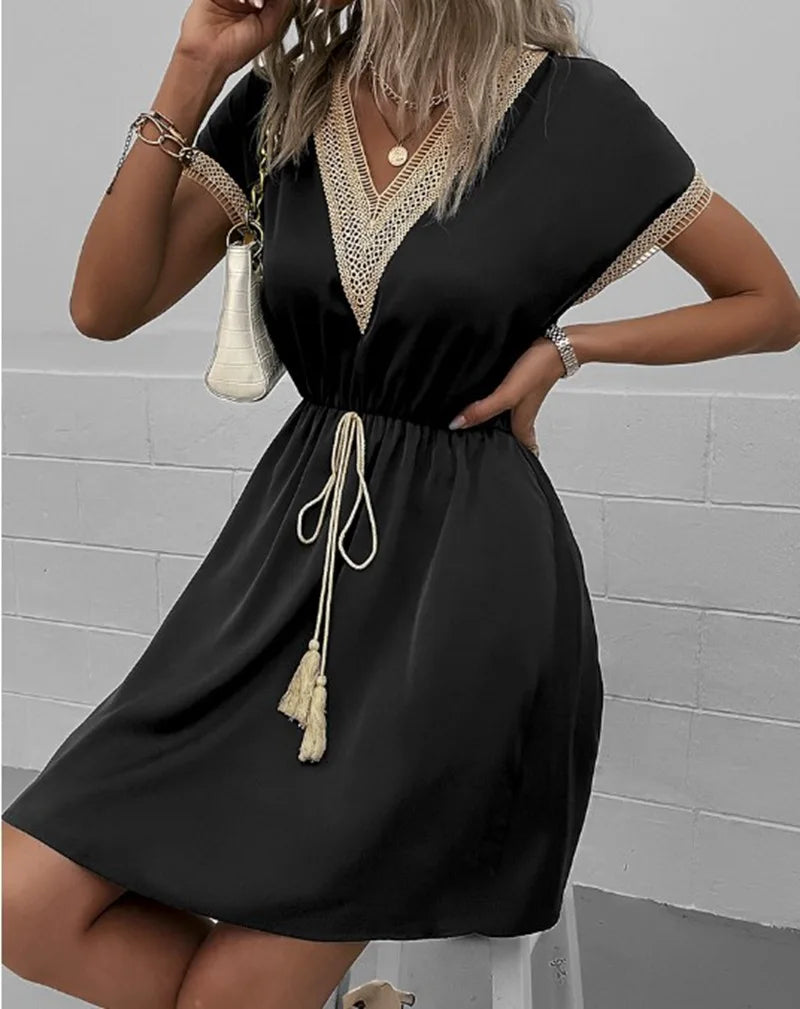 MODEGEIST Damen Boho-Kleid V-Ausschnitt Fließend Casual