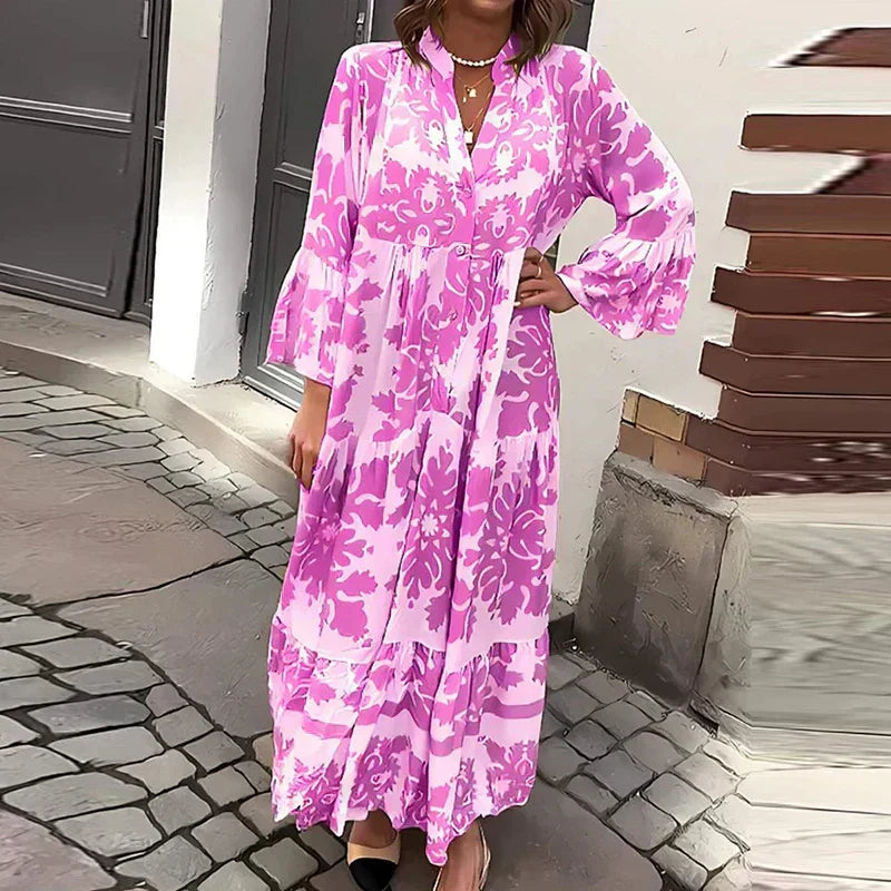 MODEGEIST Damen Boho Maxikleid fließend bedruckt Muster lange Ärmel