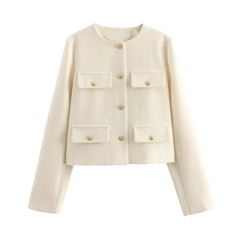ModeGeist | Elegante Bouclé-jacke Goldknöpfe und Taschen Klassischer Stil