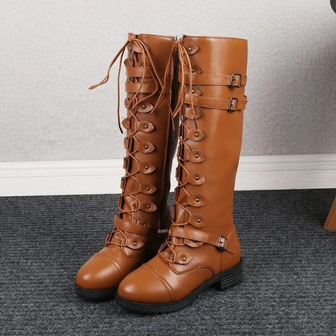 ModeGeist | Steampunk Knielange Stiefel Schnürung, Schnallendetail, Pu Leder für Herbst und Winter