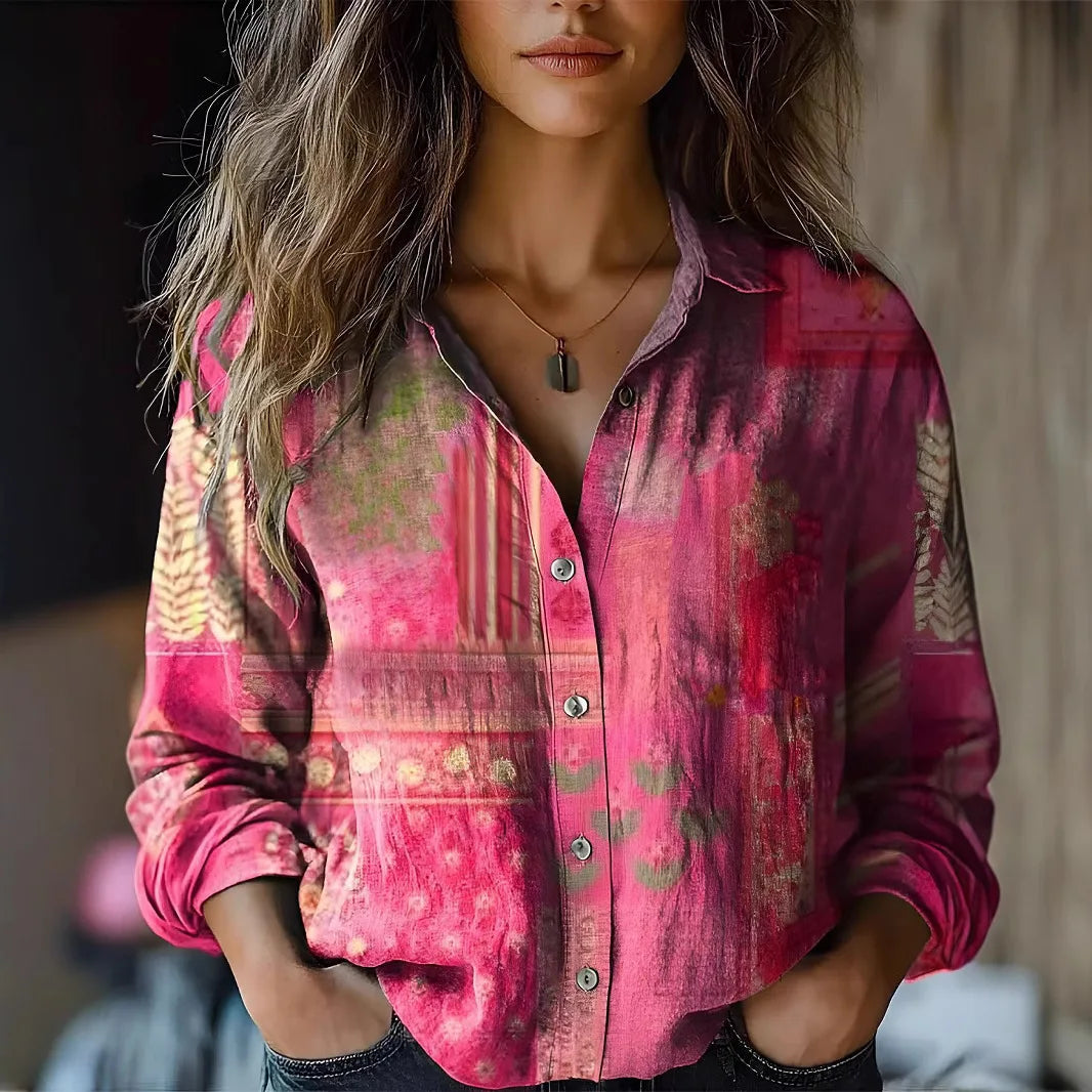 MODEGEIST Damen Bluse Langarm Blumenmuster Herbstfarben Knopfleiste