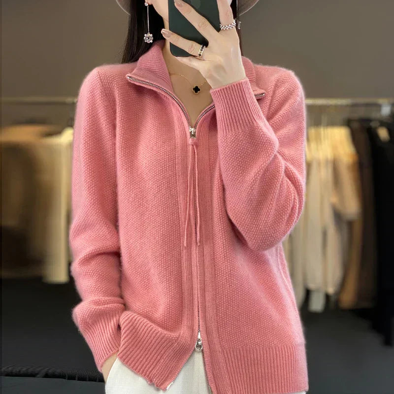 ModeGeist | Woll Cardigan Doppelter Reißverschluss und Hoher Kragen Weich und Elegant