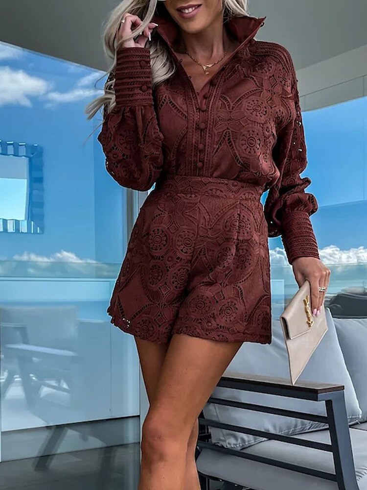 Fudus:  Blouse and Shorts Set with Hollowed-out Detailing
