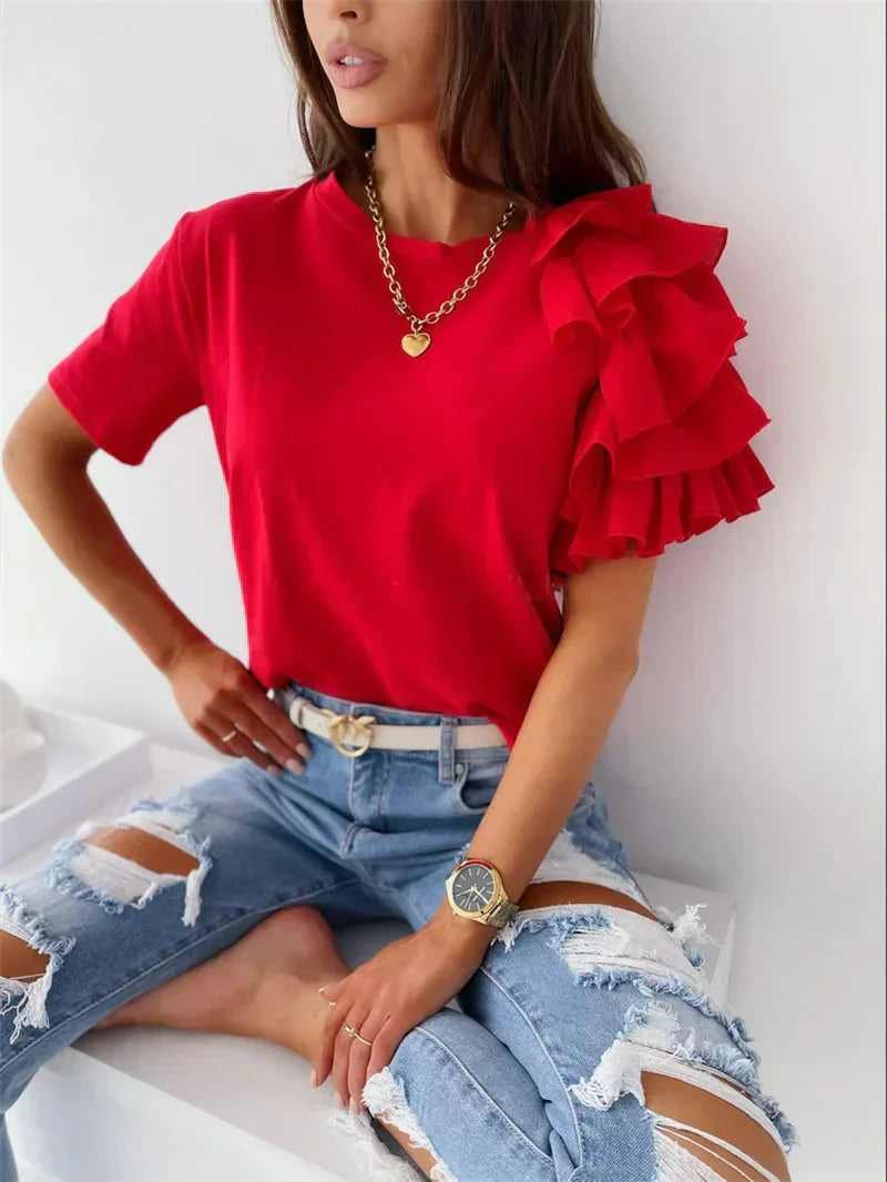 MODEGEIST Damen Top Rüschenärmel Asymmetrisch Statement