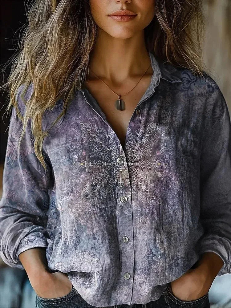 MODEGEIST Damen Bluse Langarm Blumenmuster Herbstfarben Knopfleiste