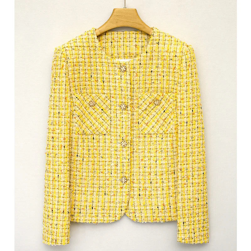 ModeGeist | Gelber, Gewebter Tweed Luxusmantel Kleine Duftjacke