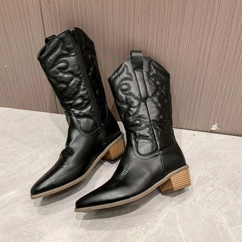 ModeGeist | Retro-Western-Cowboystiefel mit Seitlichem Reißverschluss Mittlerem Schaft Fluoreszierende Spitze Zehen