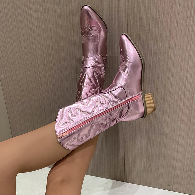 ModeGeist | Retro-Western-Cowboystiefel mit Seitlichem Reißverschluss Mittlerem Schaft Fluoreszierende Spitze Zehen