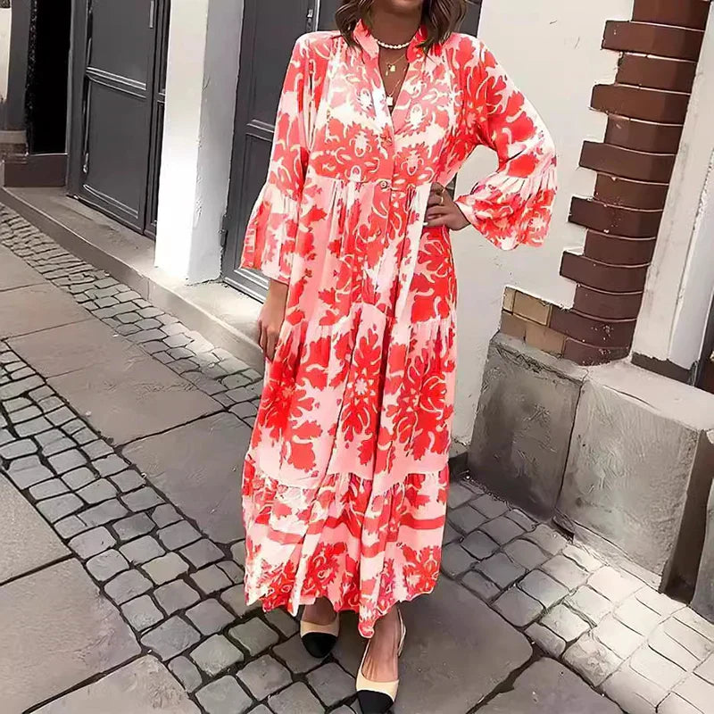MODEGEIST Damen Boho Maxikleid fließend bedruckt Muster lange Ärmel