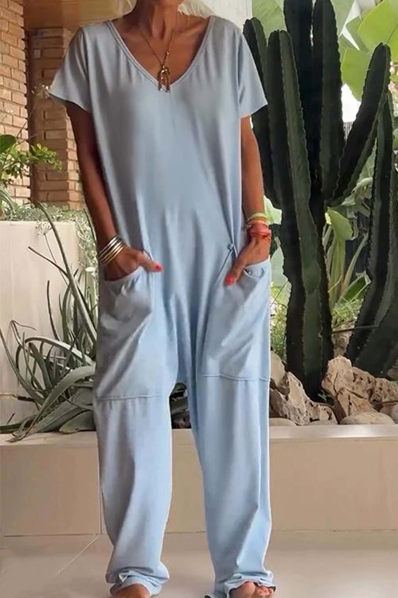 MODEGEIST Damen Jumpsuit V-Ausschnitt Kurze Ärmel Taschen Loose Fit
