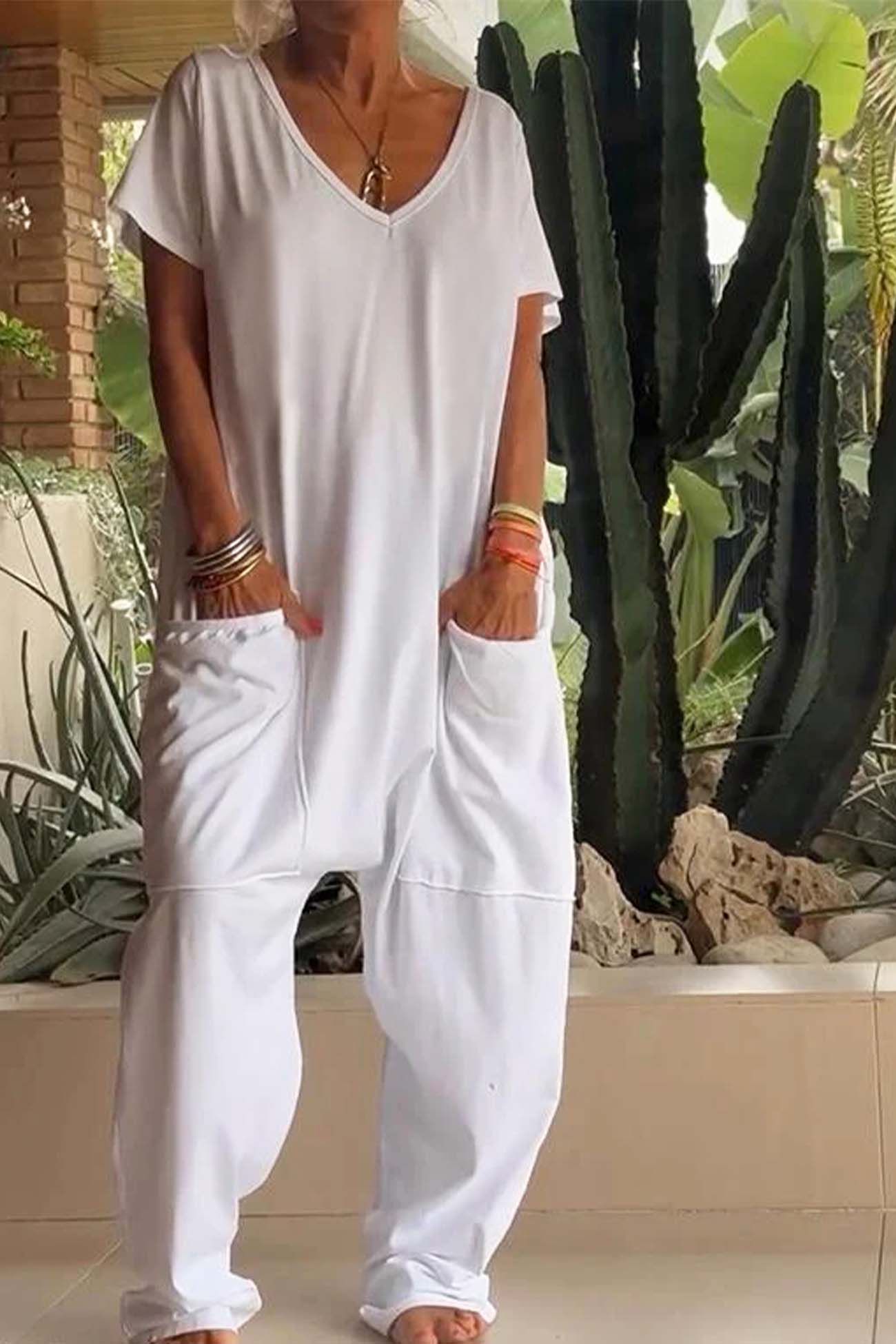 MODEGEIST Damen Jumpsuit V-Ausschnitt Kurze Ärmel Taschen Loose Fit