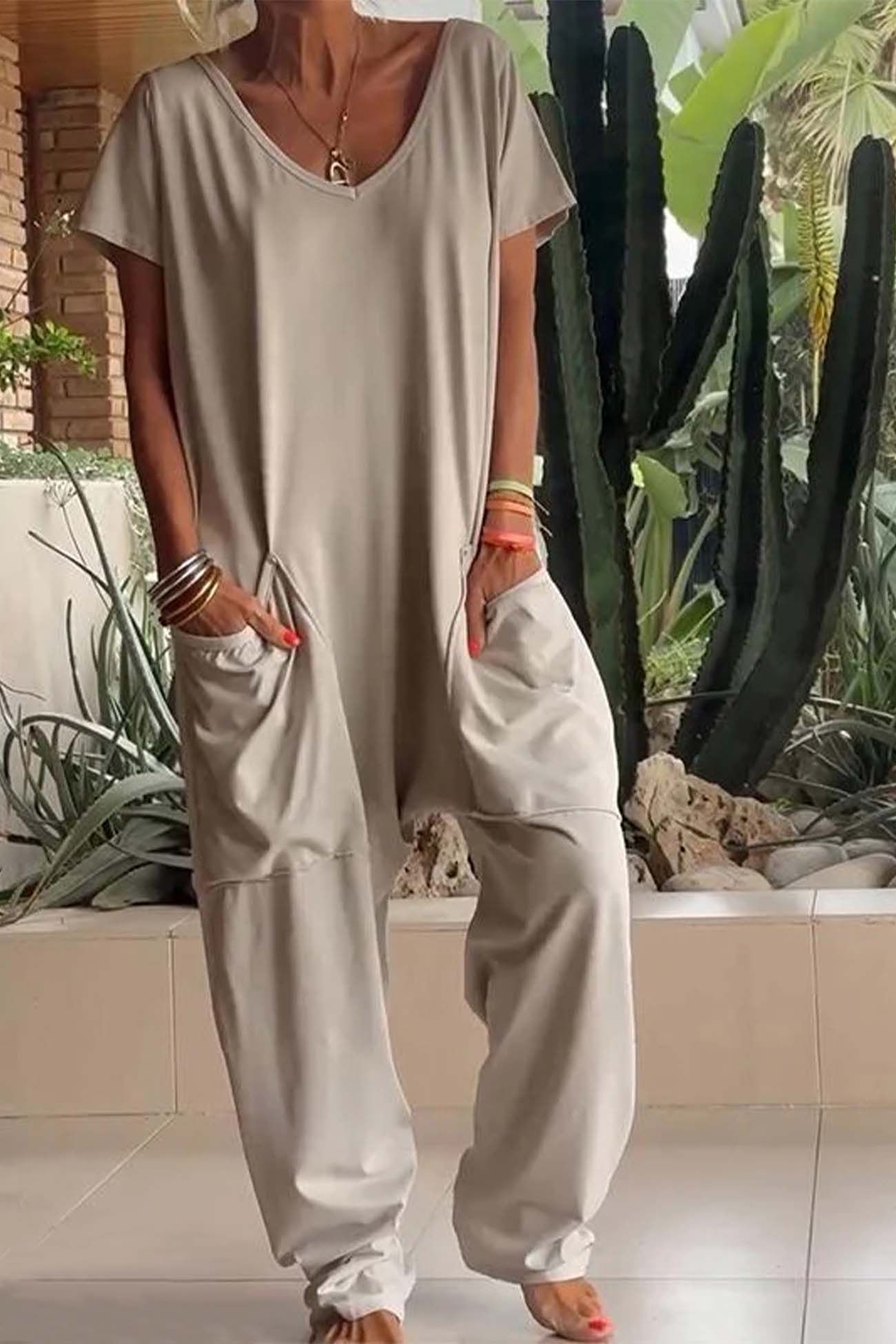 MODEGEIST Damen Jumpsuit V-Ausschnitt Kurze Ärmel Taschen Loose Fit