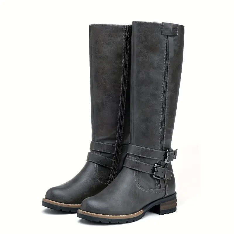 ModeGeist | Damen Knielange Stiefel mit Reißverschluss und Schnalle
