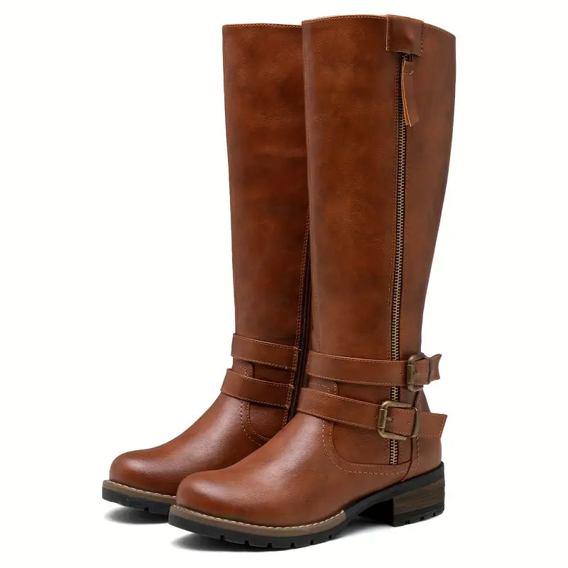ModeGeist | Damen Knielange Stiefel mit Reißverschluss und Schnalle