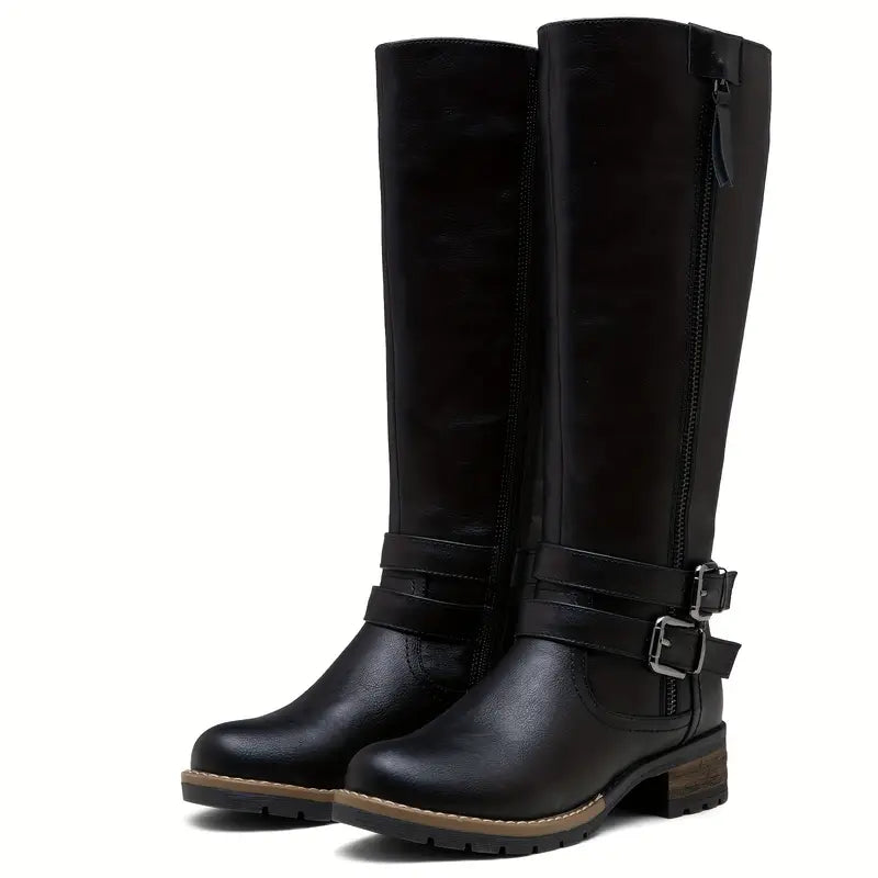 ModeGeist | Damen Knielange Stiefel mit Reißverschluss und Schnalle