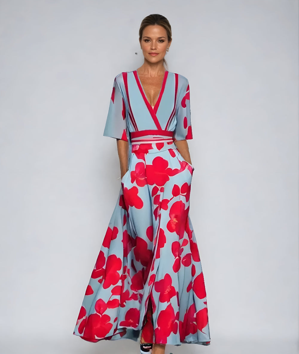 MODEGEIST Damen Wickelkleid Blumenmuster Kurze Ärmel Verstellbarer Gürtel
