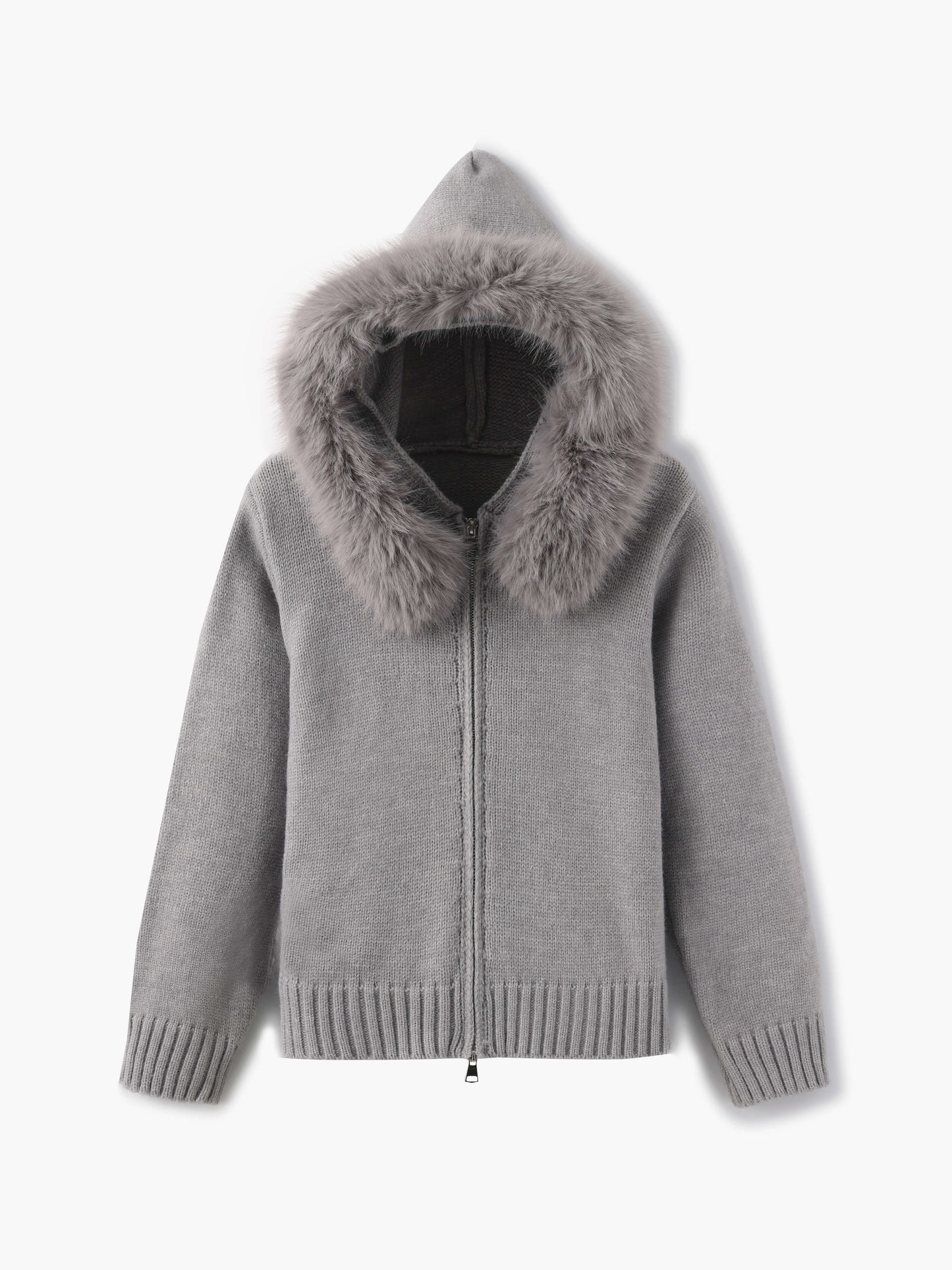 ModeGeist | Strickjacke Grau mit Kapuze und Kunstpelz Warme Winterjacke