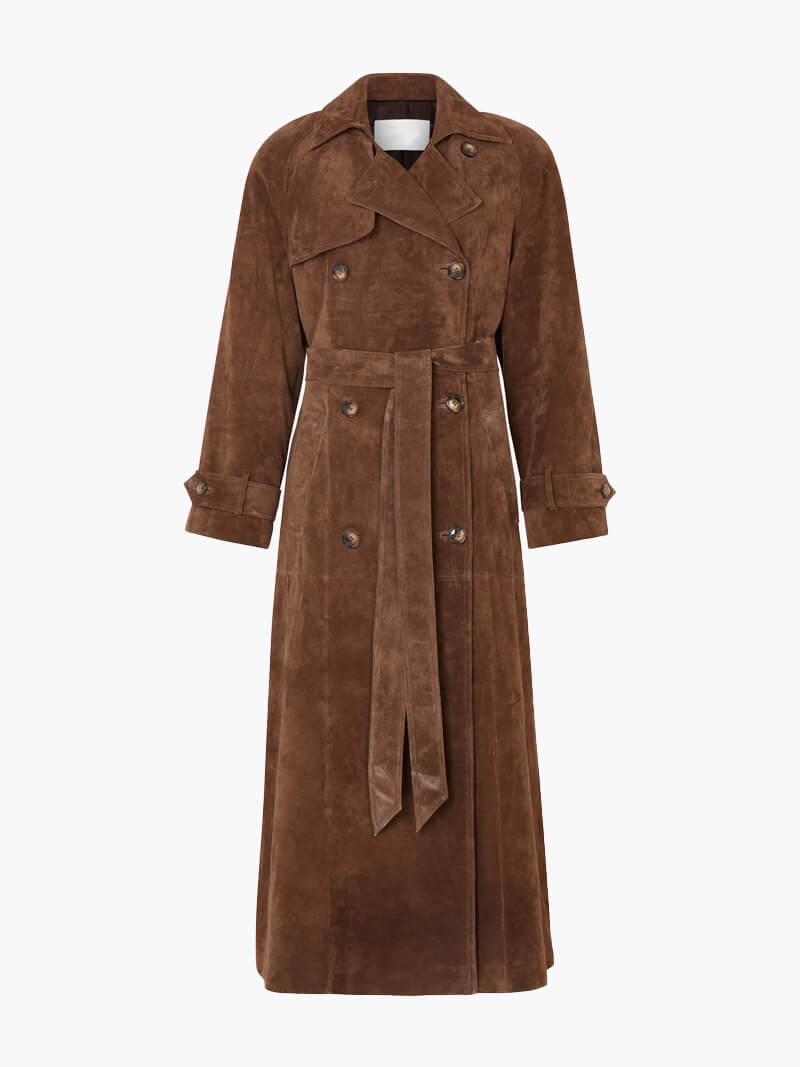 ModeGeist | Langer Damen-Trenchcoat mit Wildleder-Look