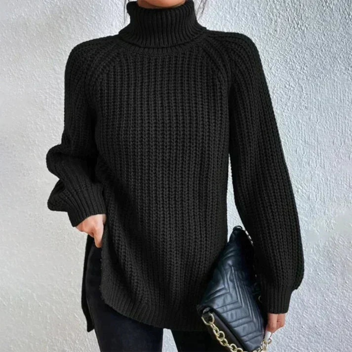 Großer, schwarzer Rollkragenpullover aus grober Rippstrickqualität für den Frühling von Nicole