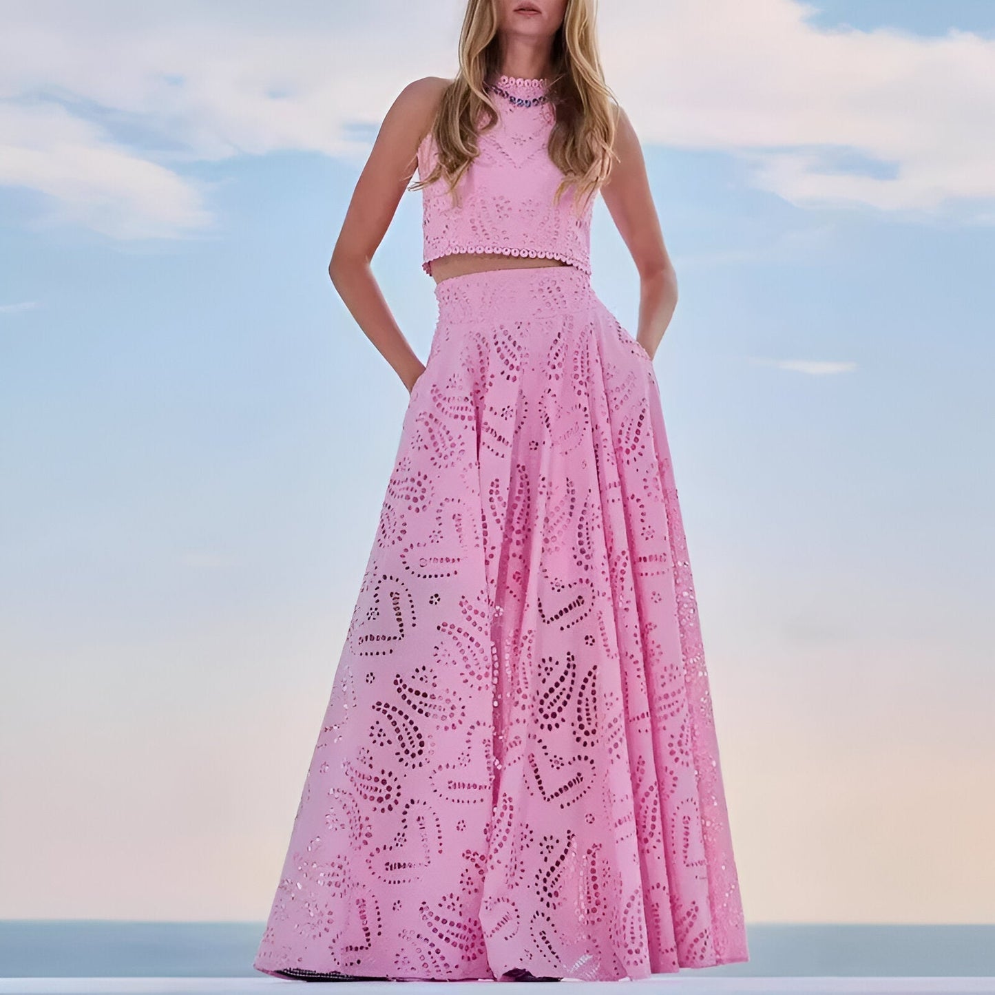Fudus Baumwoll-Leinen-Crop-Top mit langen Pagodenärmeln, 2-teiliges Set