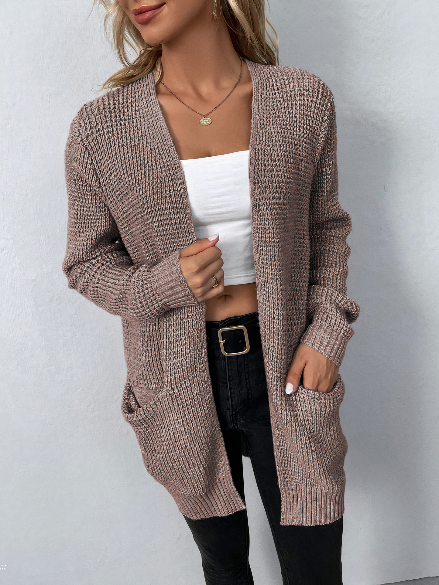Tanja: Lange Strickjacke mit Taschen