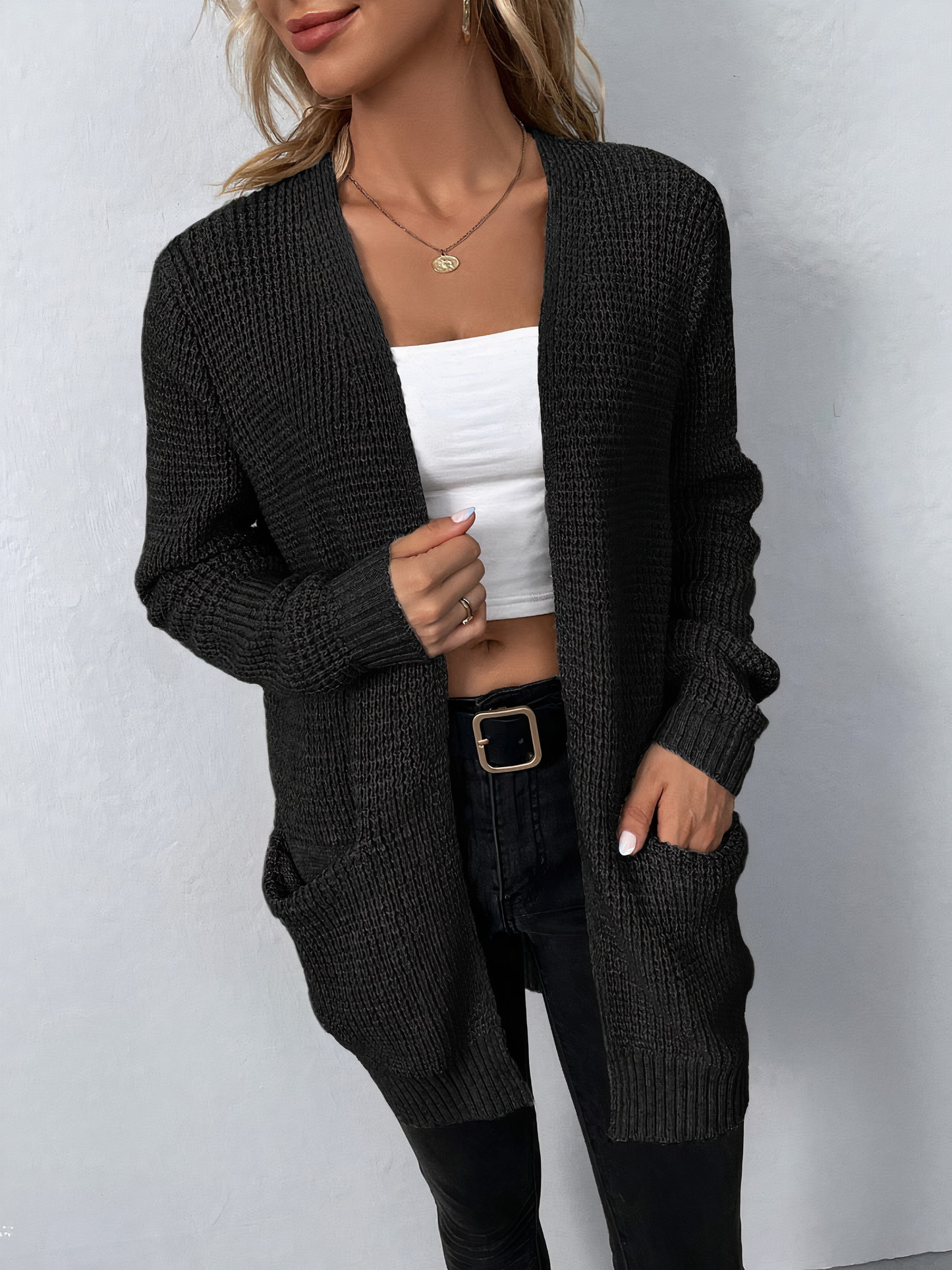 Tanja: Lange Strickjacke mit Taschen