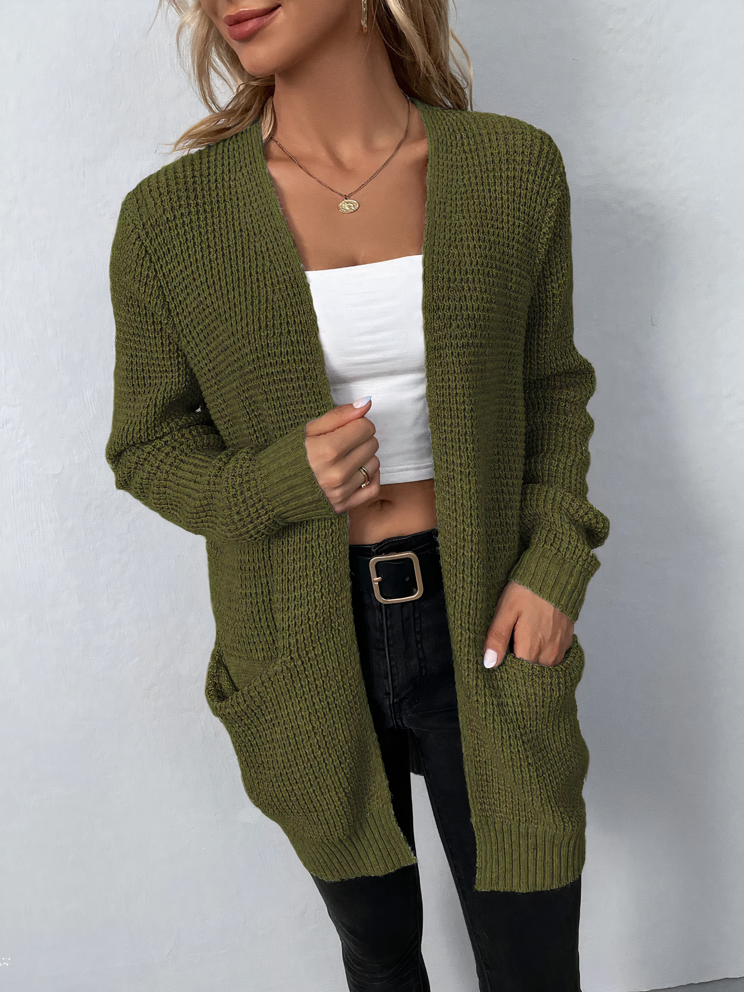 Tanja: Lange Strickjacke mit Taschen