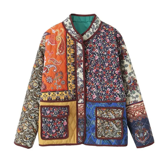 ModeGeist | Floral Print Coat With Patchwork Pockets