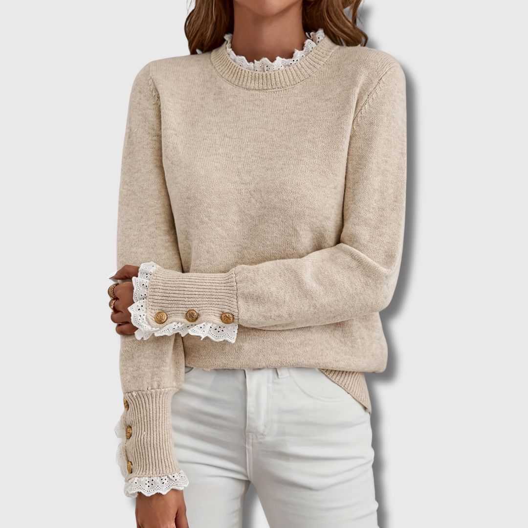 MODEGEIST Damen Langarm-Pullover Spitze Weich Relaxed-Fit