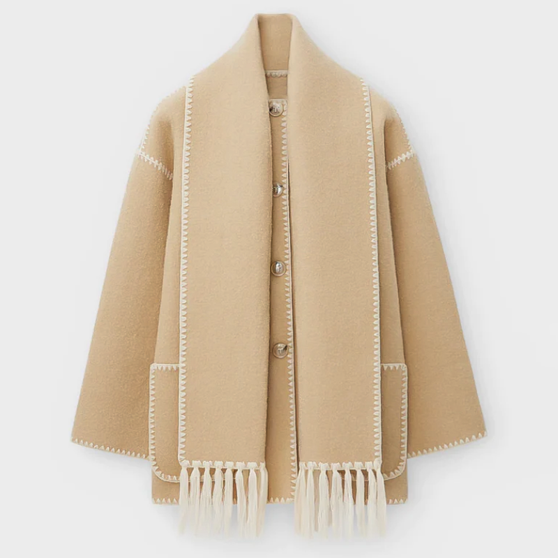 ModeGeist | Wollmantel - Oversized Fit - Schal-Kragen mit Fransen - Dekorative Nähte - Knopfverschluss