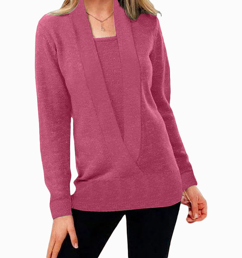 Denny Knit Solid Deep V-Neck Two-Piece Pullover Jacket