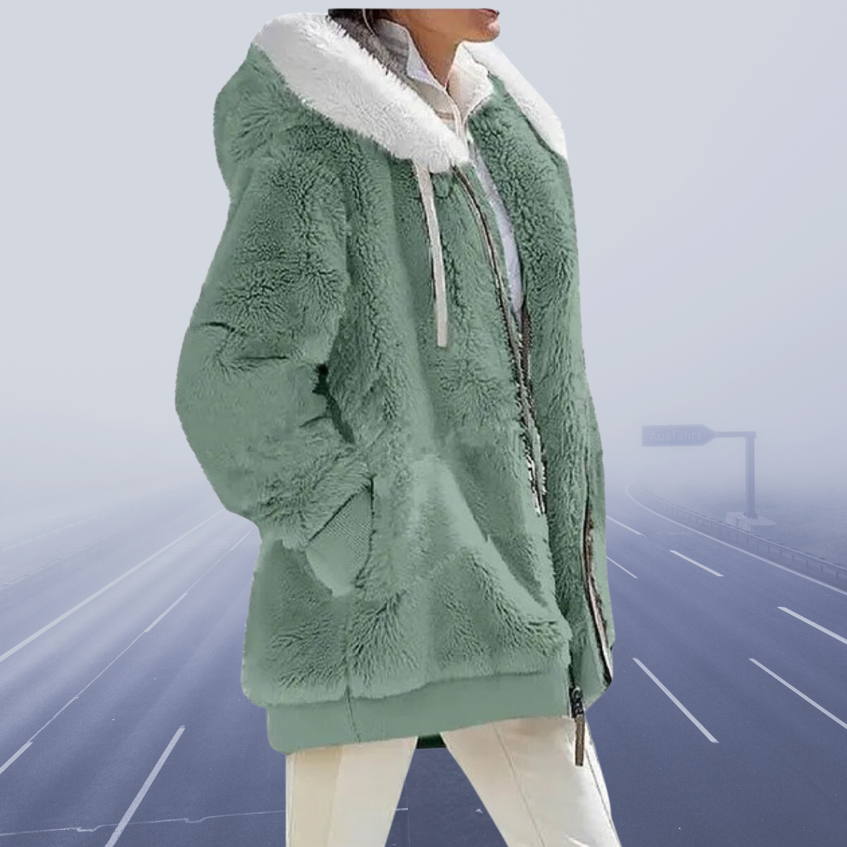 ModeGeist | Kunstpelzjacke - Kapuze mit Kontrastfutter - Reißverschluss - Wärme und Komfort
