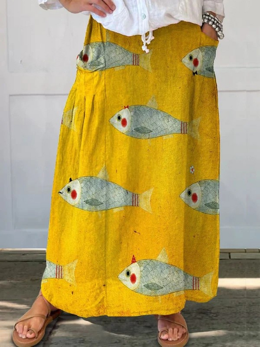 MODEGEIST Damen A-Linien Rock Vintage Fisch Print