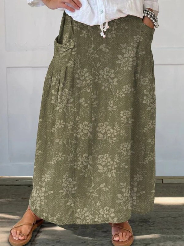 MODEGEIST Damen Rock Blumenmuster Elastikbund Taschen A-Linie Vintage