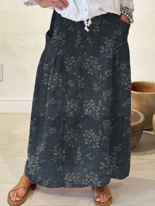 MODEGEIST Damen Rock Blumenmuster Elastikbund Taschen A-Linie Vintage