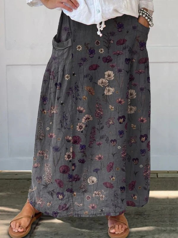 MODEGEIST Damen Rock Blumenmuster Kunstdruck A-Linie Taschen
