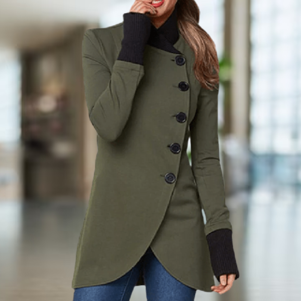 ModeGeist | Mantel - Wollmischung - Stehkragen - Knöpfe - Asymmetrischer Schnitt - Elegante Passform
