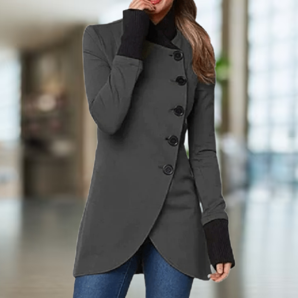 ModeGeist | Mantel - Wollmischung - Stehkragen - Knöpfe - Asymmetrischer Schnitt - Elegante Passform