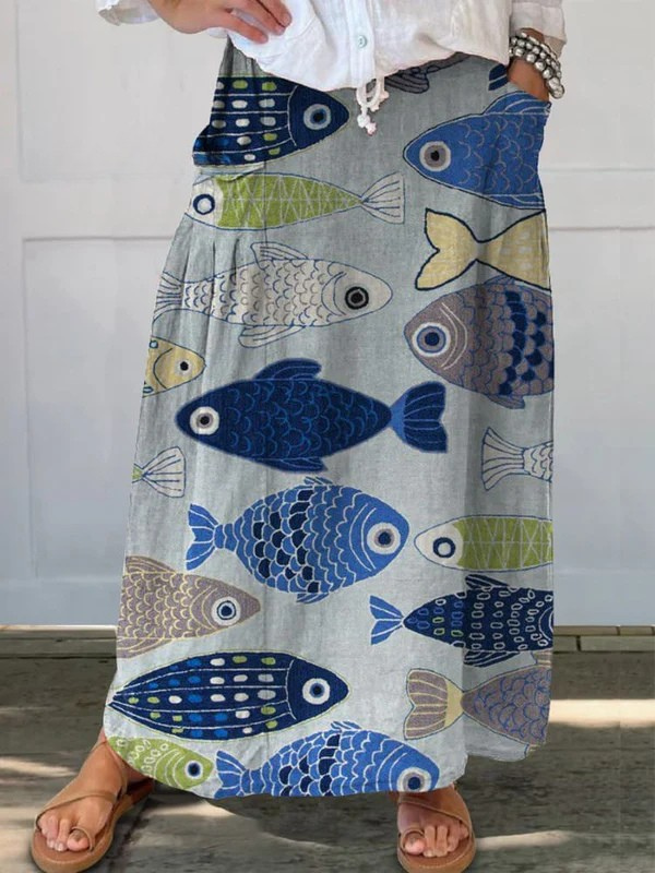 MODEGEIST Damen A-Linien-Rock Vintage-Fisch-Print Bunt Taschen