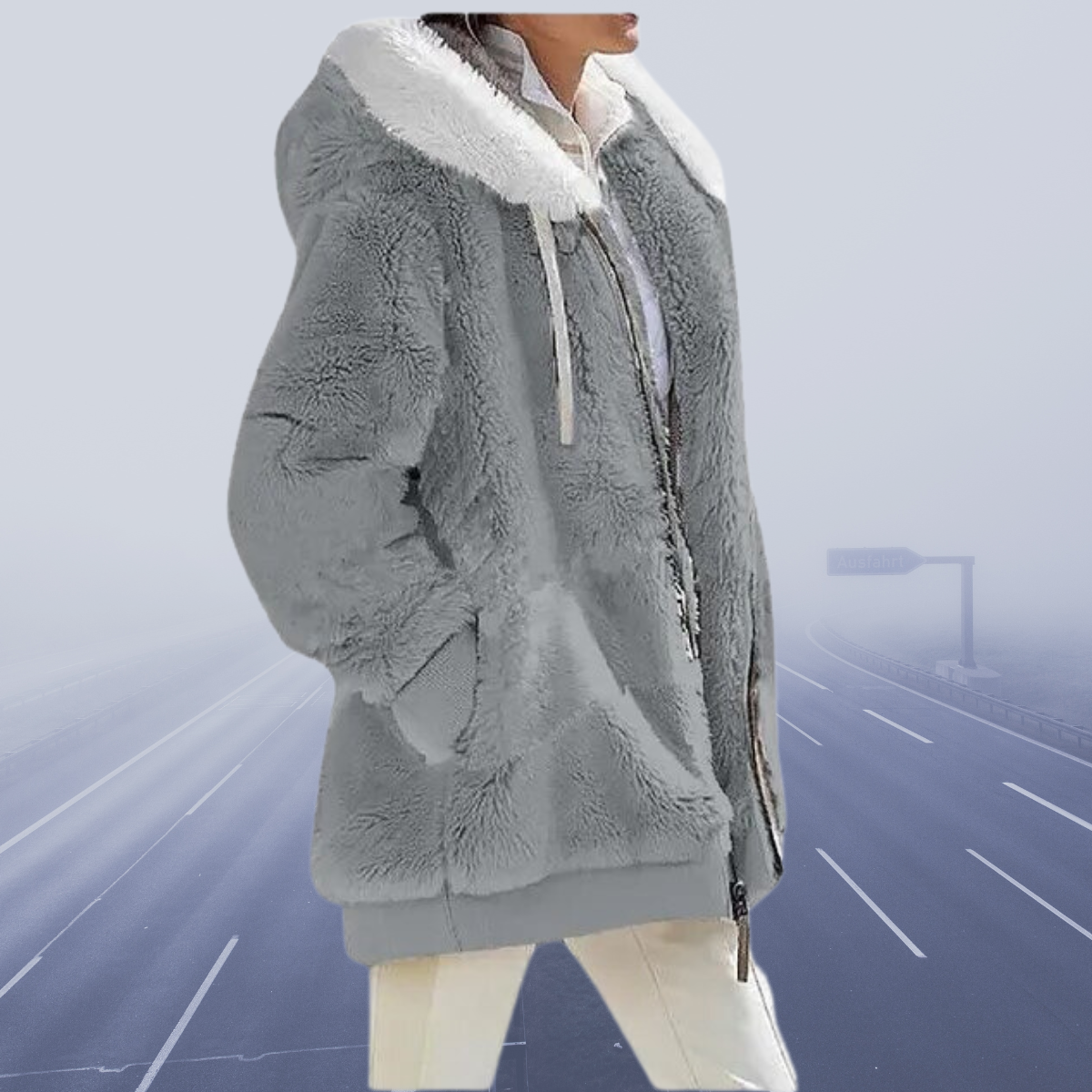 ModeGeist | Kunstpelzjacke - Kapuze mit Kontrastfutter - Reißverschluss - Wärme und Komfort