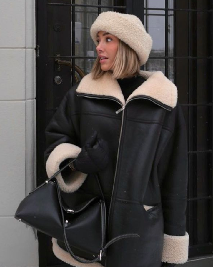 ModeGeist | Überdimensionierte Lederjacke mit Teddyfutter Leder Perfekt für Kalte Tage
